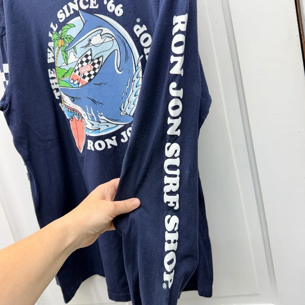 Vans Ron Jon Surf Shop Mens Medium Classic Fit Long Sleeve Navy Shark Shirt